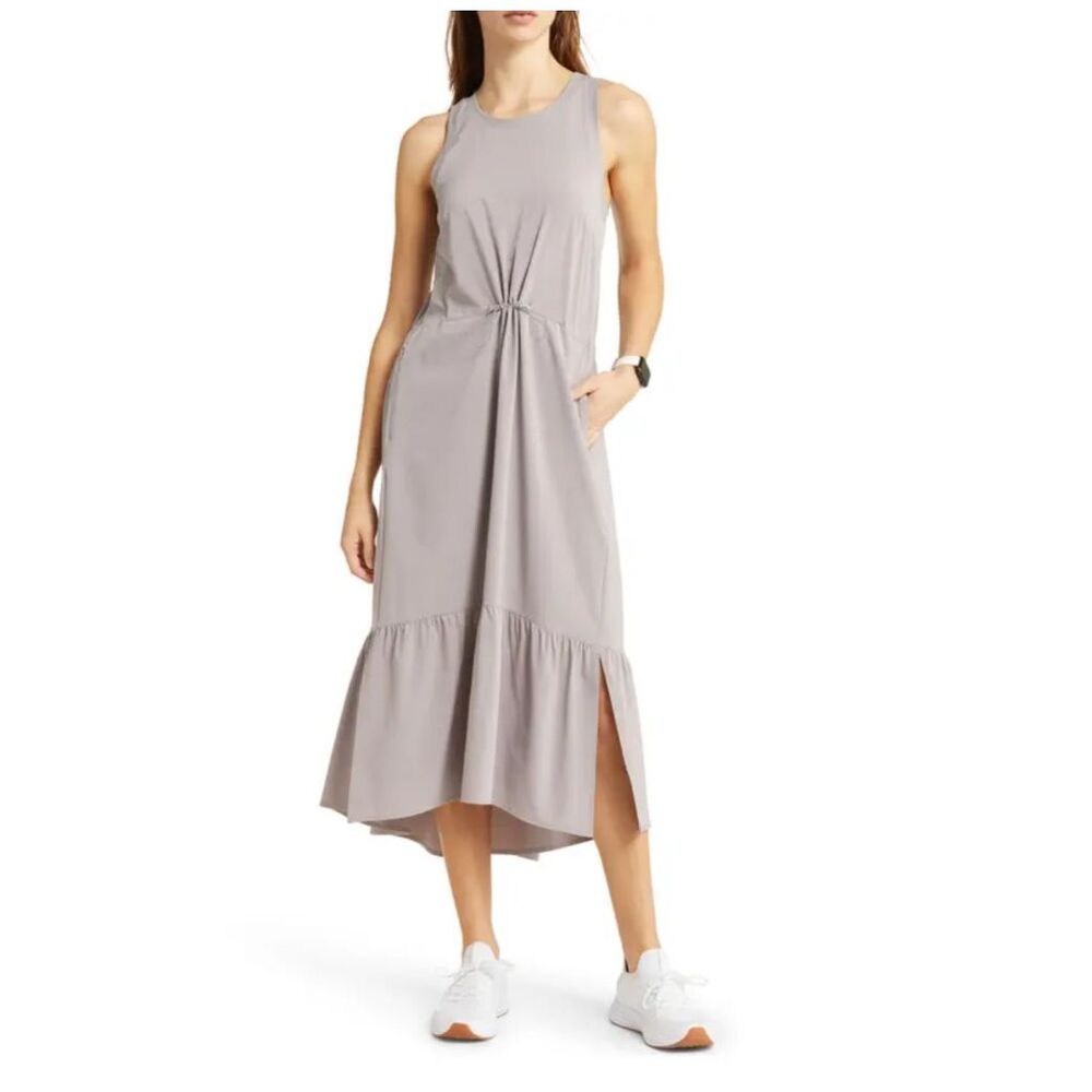 Zella Sleeveless Knot-Front Maxi Dress in Light Gray